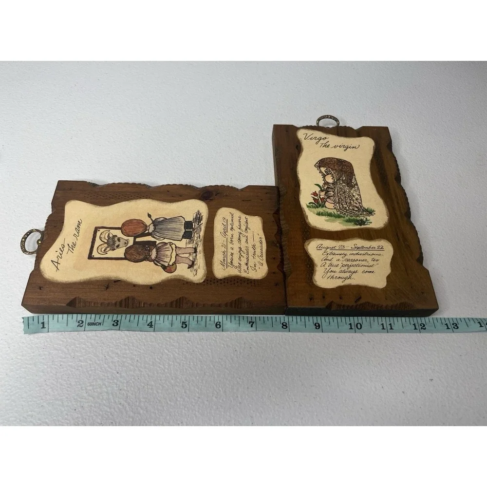 Vtg MCM Wall Decor Horoscope Aries Virgo Wooden Wall Plaque Set Of 2